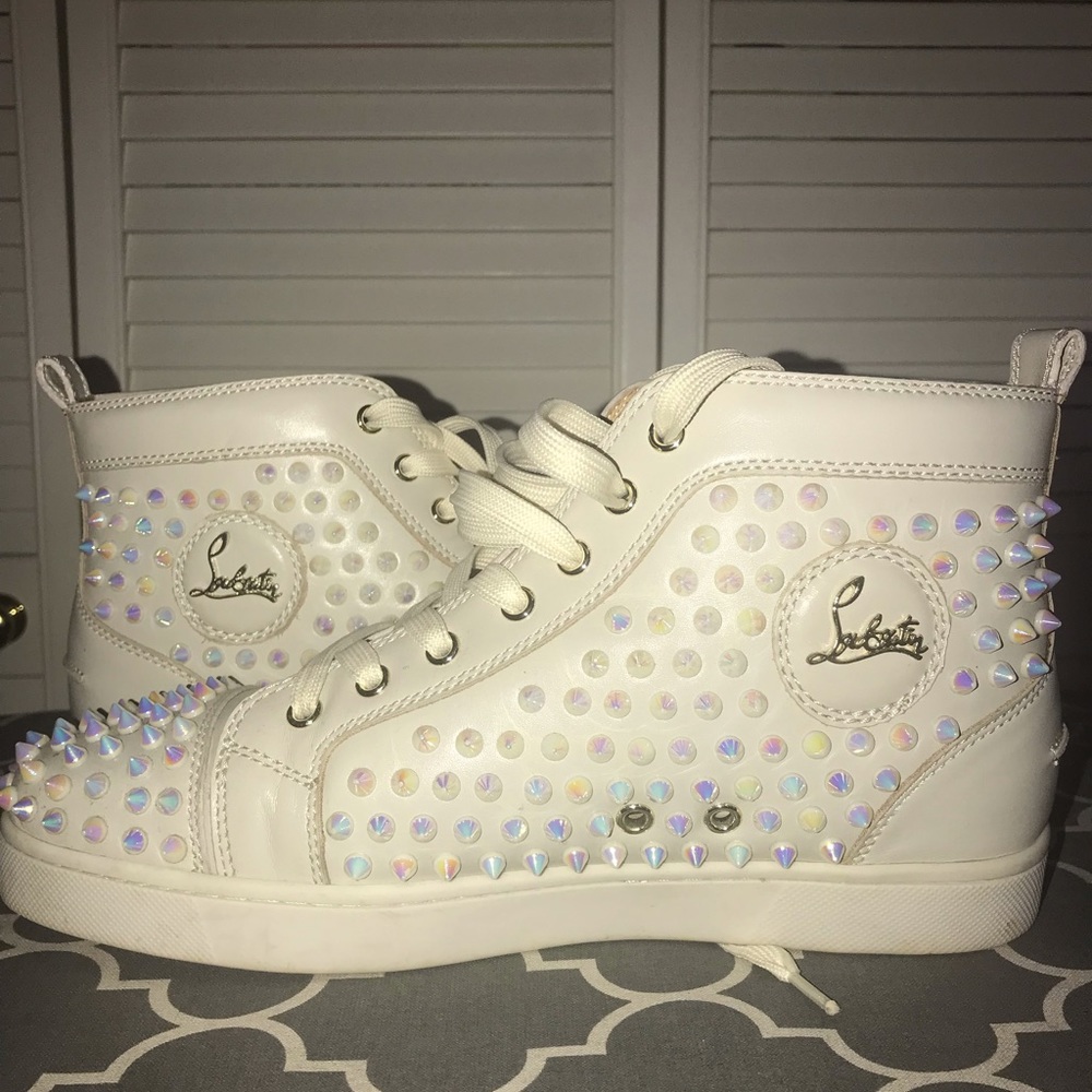 White Red bottom sneakers 👟 with rhinestones.